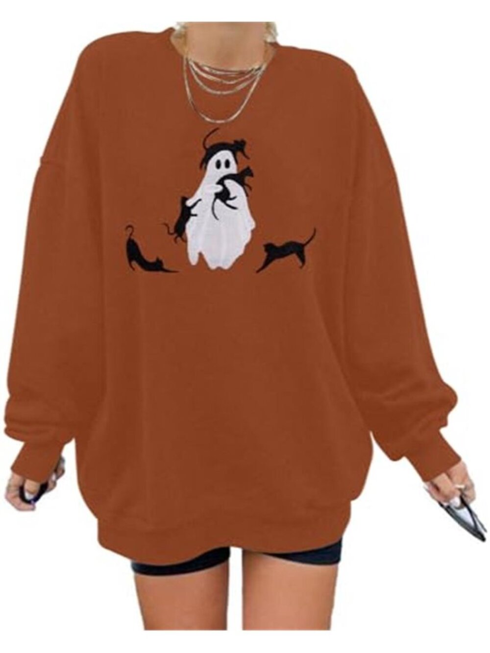 Halloween Spooky Season Sweatshirt Women Black Cat Ghost Sweatshirts